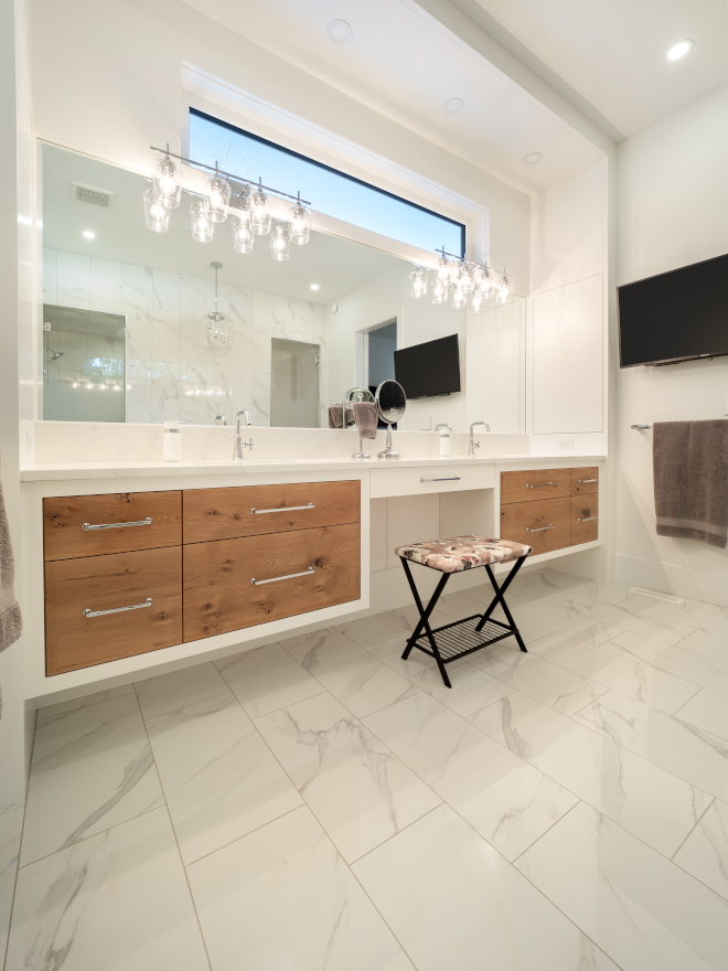 Bathroom Hidden medicine cabinets flank either side of the oak and lacquered vanity Bathroom Hidden medicine cabinets flank either side of the oak and lacquered vanity #Bathroom #Hiddenmedicinecabinet #medicinecabinet #oakvanity #lacqueredvanity