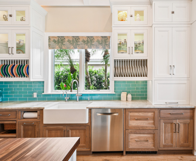 Two-toned kitchen cabinet White upper cabinets in Benjamin Moore White with Hickory Lower Cabinets