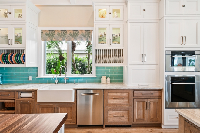 Coastal White Kitchen with Turquoise Island - Home Bunch Interior