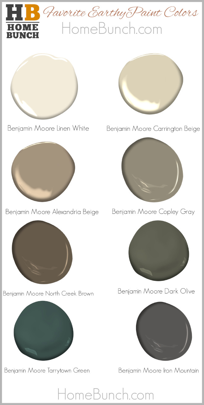 Earthy Paint Colors by Benjamin Moore Warm Paint Colors by Benjamin Moore Benjamin Moore Linen White Benjamin Moore Carrington Beige Benjamin Moore Alexandria Beige Benjamin Moore Copley Gray Benjamin Moore North Creek Brown Benjamin Moore Dark Olive Benjamin Moore Tarrytown Green Benjamin Moore Iron Mountain #EarthyPaintColors #BenjaminMoore #WarmPaintColor