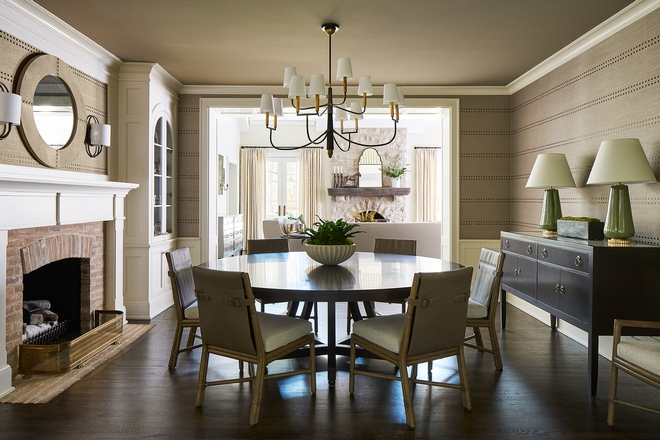 Earth Tone Dining Room featuring a neutral beige rift wallpaper and a brick fireplace Earth Tone Dining Room Design Earth Tone Dining Room Earth Tone Dining Room Design Ideas Earth Tone Dining Room Earth Tone Dining Room Design Earth Tone Dining Room Earth Tone Dining Room Design #EarthToneDiningRoom #EarthTone #DiningRoomDesign