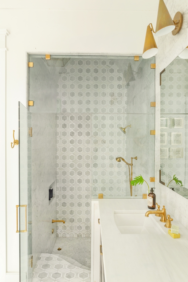 Drop-in-Shower-bath-with-Carrara-Honed-Marble-Waterjet-Metro-Hex-Mosaic-Tile