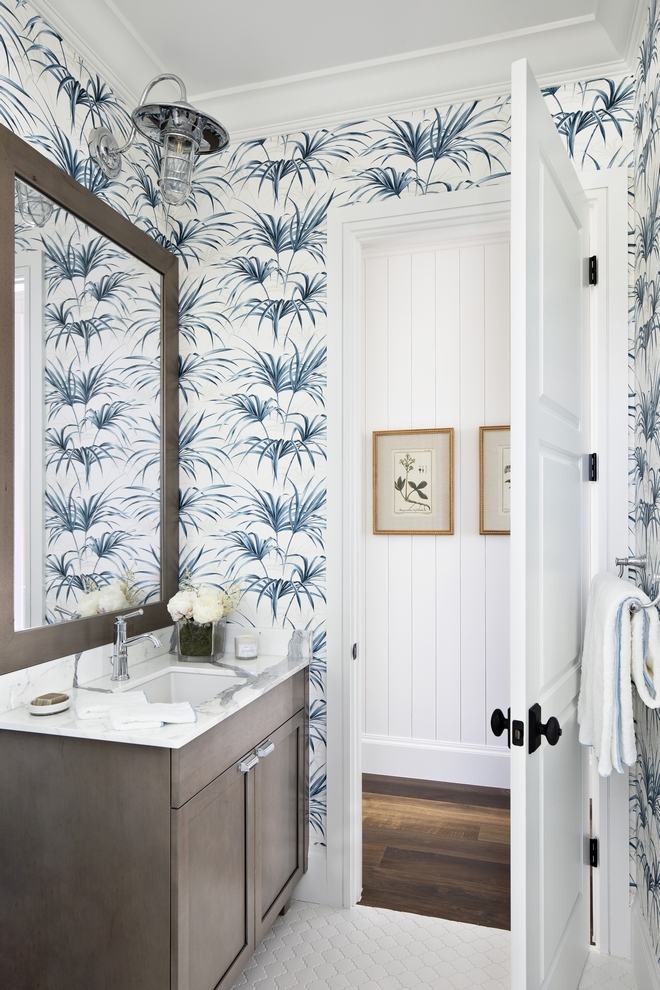 Powder Room Powder Room Design For the Powder Room I wanted to create something fun coastal and fresh The beautiful palm wallpaper and nautical pendants helped me achieve my goals #PowderRoom #CoastalPowderRoom #palmwallpaper #nautical #coastal