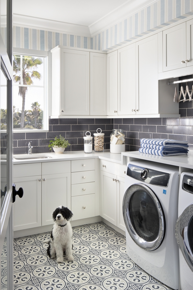 Laundry Room Every mom dreams of an oversized laundry room with plenty of counter space and room to spread out I wanted to make this space pretty and functional The statement patterned tile makes this room Laundry Room Laundry Room Laundry Room Laundry Room #LaundryRoom #patternedtile