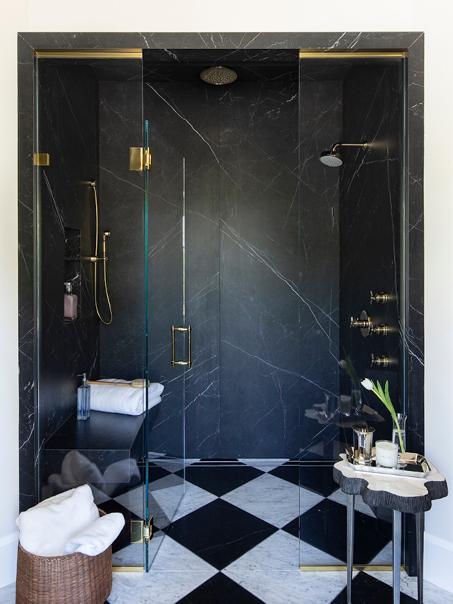 Black Marble Slab Shower Sexy black marble slab shower with brushed brass shower faucet Curbless Slab Shower Marquina Honed Quartzite #CurblessSlabShower #MarquinaQuartzite