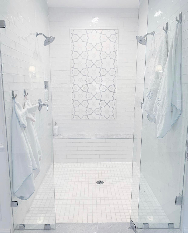 Coastal French Country Shower Coastal French Country Shower with flower mosaic accent tile Coastal French Country Shower Coastal French Country Shower with flower mosaic accent tile #CoastalFrenchCountry #Shower #flowermosaictile #accenttile