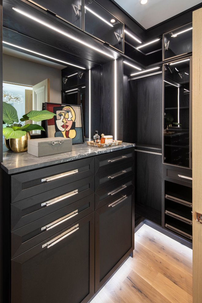 His closet in Black White Oak Cabinetry Rift-Cut White Oak with Black Stain Color