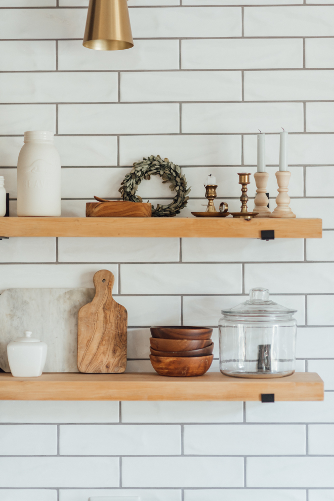 Kitchen Shelves I love the simplicity of the wooden shelves against the matte subway tiles Clean and zen without feeling cold Kitchen Shelves I love the simplicity of the wooden shelves against the matte subway tiles Clean and zen without feeling cold #KitchenShelves #woodenshelves #mattesubwaytile #subwaytile