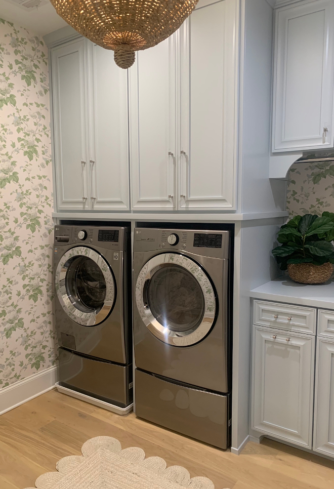 Laundry room cabinets are Benjamin Moore Brittany Blue at 50% lighter #BenjaminMooreBrittanyBlue #BenjaminMoore #laundryroom #cabinet