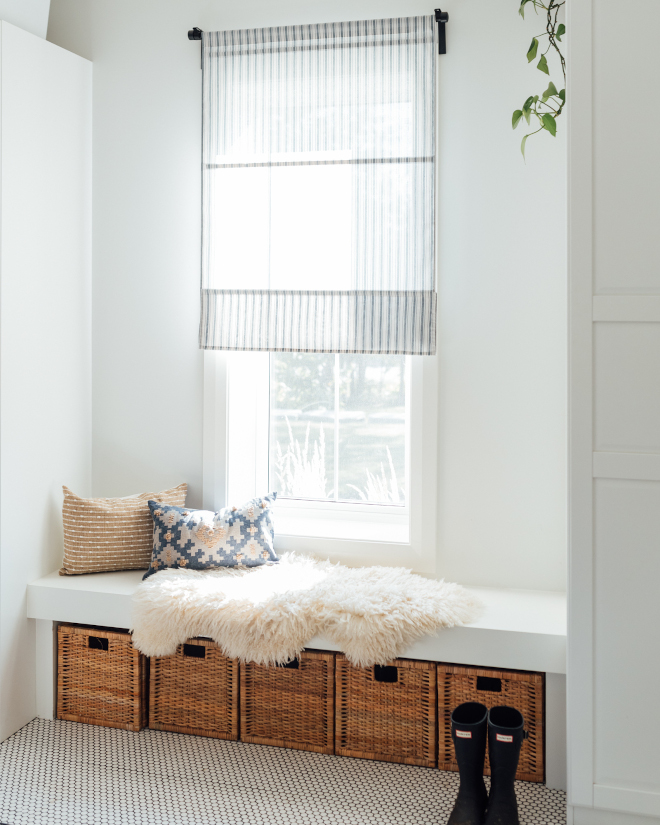 Small Mudroom Storage Solutions Having a drop zone and Mudroom was also another essential must have for our layout Having a window in the Mudroom is also a great trick to make a small space feel larger The window is flanked with two built-in closets with a bench and baskets which offers tons of storage space for our family Ikea Baskets Ikea Roman shade #SmallMudroom #Mudroom #Storage #StorageSolutions #ikea