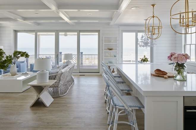 Coffered Ceiling Tongue and Groove Ceiling The kitchen and great room open floor plan are cleverly made to feel distinct by creating different ceilings #CofferedCeiling #TongueandGrooveCeiling #kitchen #greatroom #openfloorplan #ceilings