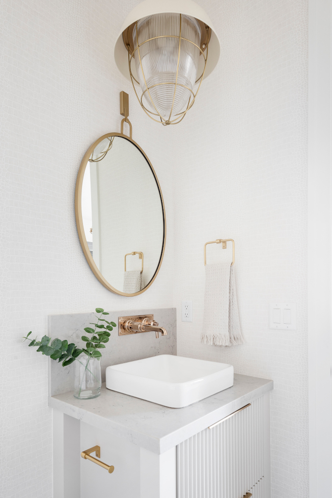 Bathroom with gorgeous and trendy reeded cabinetry and the neutral faux crocodile skin-look wallpaper Bathroom with gorgeous and trendy reeded cabinetry and the neutral crocodile skin-look wallpaper Bathroom with gorgeous and trendy reeded cabinetry and the neutral crocodile skin-look wallpaper #Bathroom #trendy #reededcabinetry #reededcabinet #neutral #crocodileskinwallpaper #wallpaper