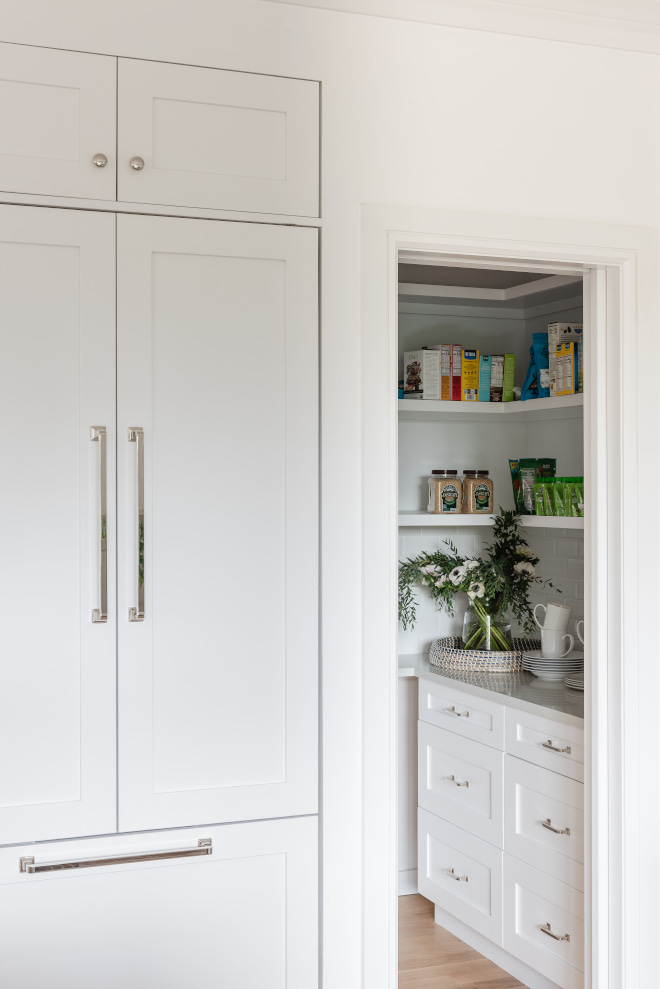 The walk in pantry features a mix of open shelving and cabinets for storage Pocket door provides flexibility of keeping the space open or closed without taking space away #walkinpantry #pantry #openshelving #cabinets #storage #Pocketdoor