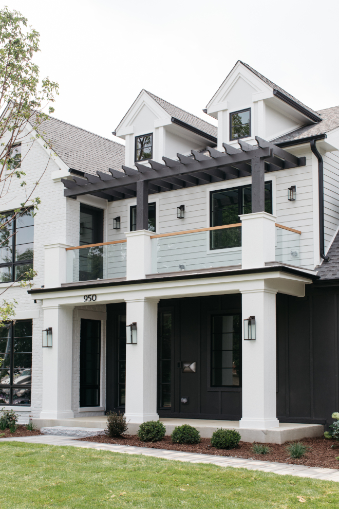 Balcony Pergola Modern Farmhouse front facade with Pergola Balcony Pergola Modern Farmhouse front facade with Pergola Cedar pergola painted in Sherwin Williams SW7069 Iron Ore #Balcony #Pergola #ModernFarmhouse #frontfacade #BalconyPergola