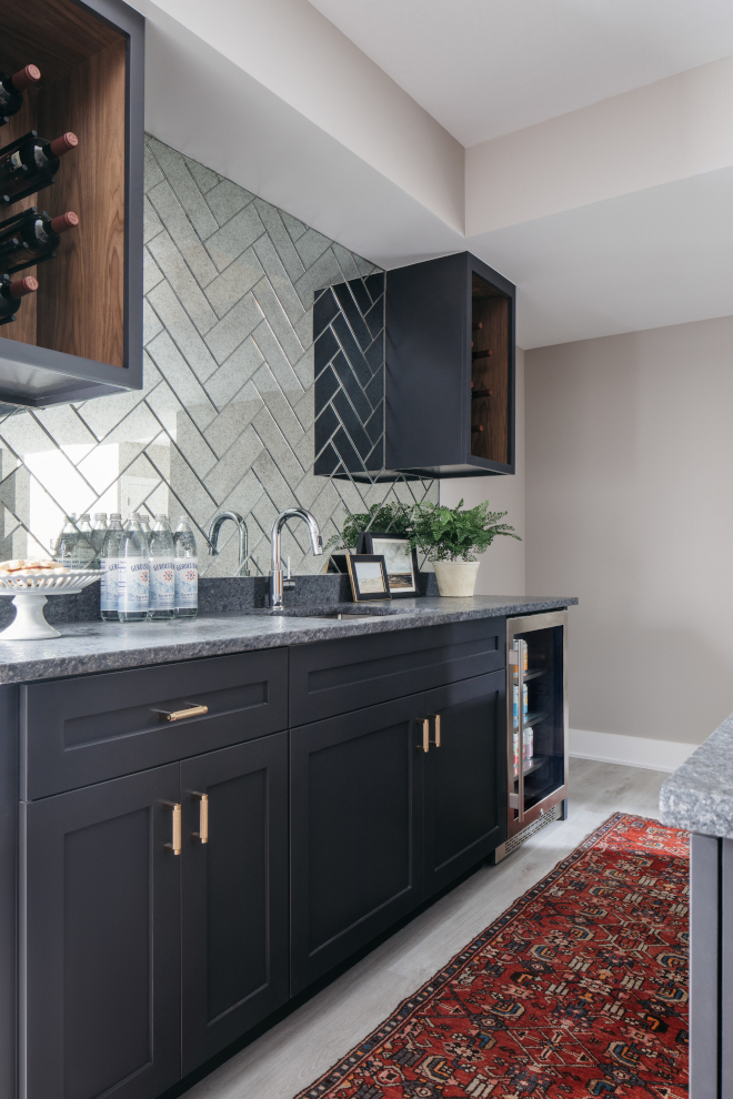 Bar Cabinet with Steel Grey Granite Countertop and Mirrored Subway Tile in Herringbone Pattern Bar Cabinet with Steel Grey Granite Countertop and Mirrored Subway Tile in Herringbone Pattern #BarCabinet #SteelGreyGranite #Countertop #MirroredSubwayTile #HerringbonePattern