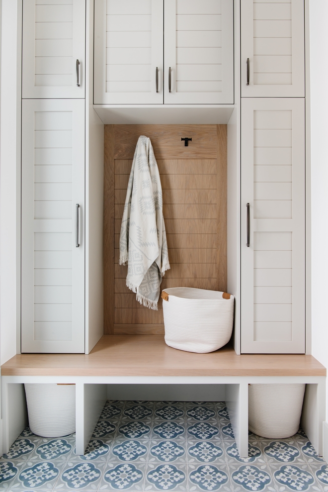 Mudroom Cabinet Paint Color Sherwin Williams SW 2844 Roycroft Mist Gray Mudroom Bench and Back Paneling Minwax White Oak with Minwax Colony Gray