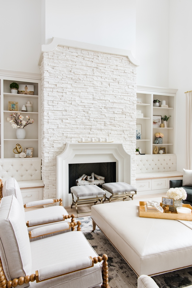 White stone fireplace White stone fireplace features Precast Stone Crown to match the mantel with curved corners #Whitestonefireplace #Whitestone #stonefireplace #PrecastStoneMantel #Crown #mantel