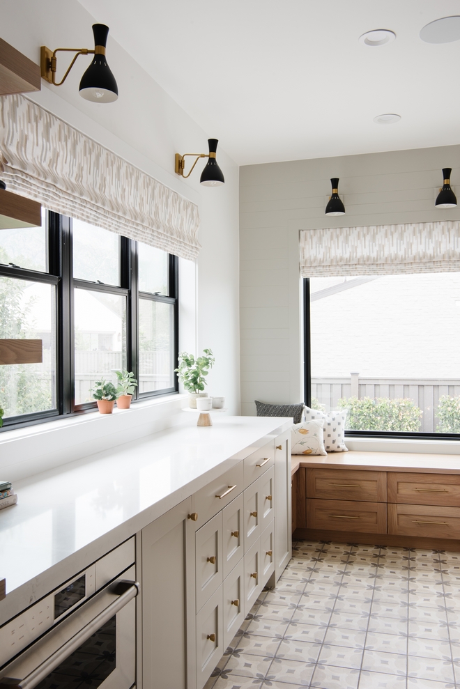 The back wall of this Pantry features horizontal Shiplap in varied widths and custom window-seats #Pantry #horizontalShiplap #Shiplap #variedwidthsshiplap #windowseat