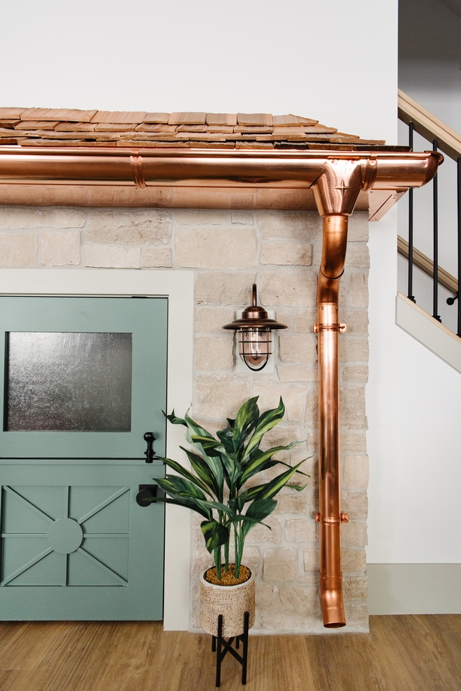 Playhouse Dutch Door Custom designed with Sunburst bottom and seeded glass in Sherwin Williams Rockwood Blue Green #Playhouse #DutchDoor #seededglass #SherwinWilliamsRockwoodBlueGreen