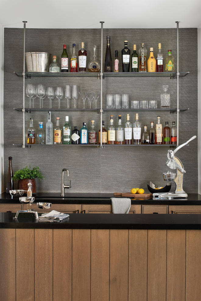 Bar with metal shelving and grey grasscloth wallpaper Bar with metal shelving and grey grasscloth wallpaper Bar with metal shelving and grey grasscloth wallpaper Bar with metal shelving and grey grasscloth wallpaper #Bar #metalshelving #greygrasscloth #grasscloth #wallpaper