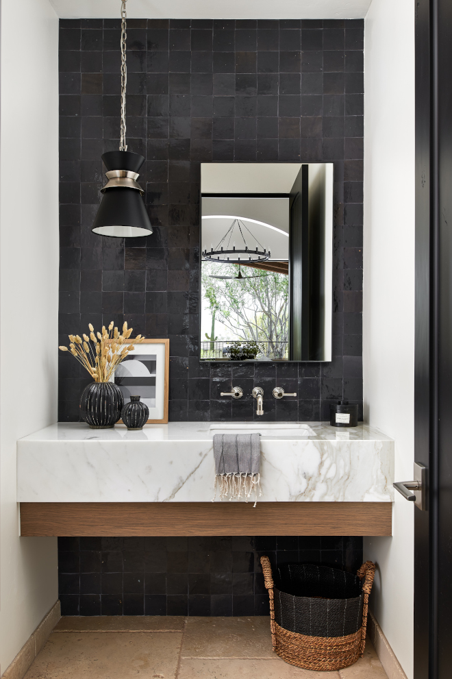 Trendy Powder Bath with black handmade accent tile and white oak floating vanity Trendy Powder Bath with black handmade accent tile and white oak floating vanity Trendy Powder Bath with black handmade accent tile and white oak floating vanity Trendy Powder Bath with black handmade accent tile and white oak floating vanity #Trendy #PowderBath #bathroom #blacktile #handmadetile #accenttile #whiteoak #floatingvanity