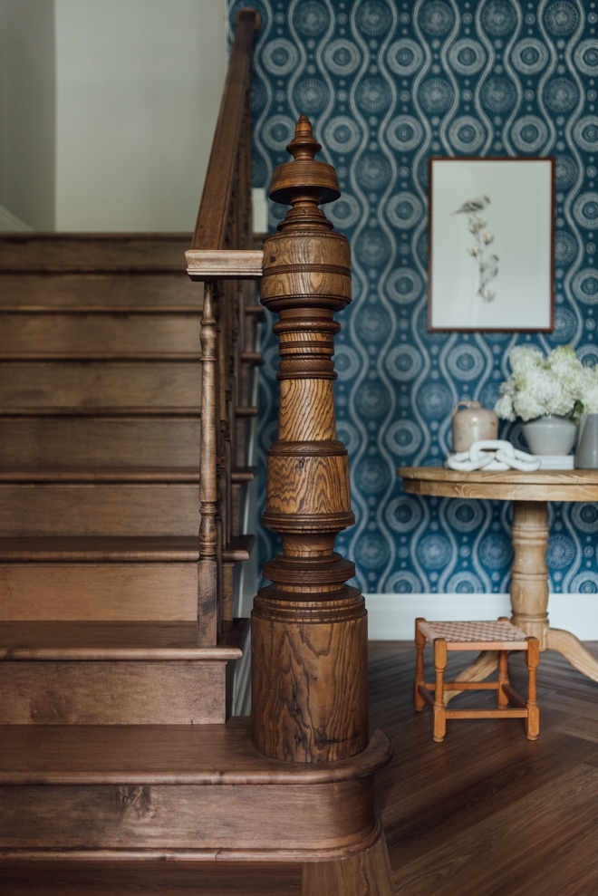 Newel Post Staircase Newel Post Stairs handrails spindles are Maple wood The Match newel post is made from Ash Wood and stained a custom colour to match the flooring #newelpost #staircase #Maplestaircase #Aswood #spindles #handrail