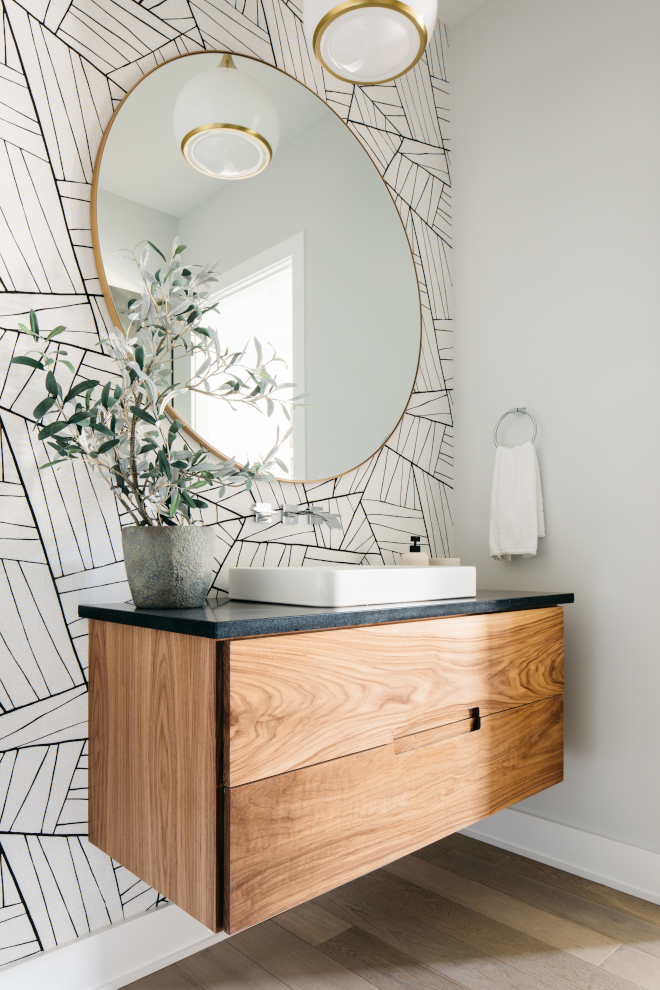 Eclectic Powder Bathroom with large round mirror geometric wallpaper and a floating Walnut vanity Eclectic Powder Bathroom with large round mirror geometric wallpaper and a floating Walnut vanity Eclectic Powder Bathroom with large round mirror geometric wallpaper and a floating Walnut vanity Eclectic Powder Bathroom with large round mirror geometric wallpaper and a floating Walnut vanity #EclecticBathroom #PowderBathroom #Bathroom #largeroundmirror #geometricwallpaper #floatingvanity #Walnutvanity