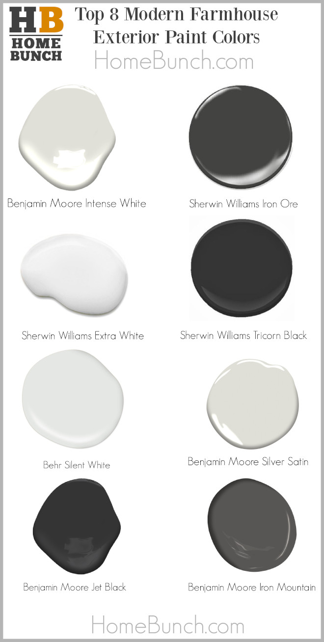 Top 8 Modern Farmhouse Exterior Paint Colors Benjamin Moore Intense White Sherwin Williams Iron Ore Sherwin Williams Extra White Sherwin Williams Tricorn Black Behr Silent White Benjamin Moore Silver Satin Benjamin Moore Jet Black Benjamin Moore Iron Mountain Color Palette Color Scheme #TopModernFarmhouseExteriorPaintColors #BenjaminMooreIntenseWhite #SherwinWilliamsIronOre #SherwinWilliamsExtraWhite #SherwinWilliamsTricornBlack #BehrSilentWhite #BenjaminMooreSilverSatin #BenjaminMooreJetBlack #BenjaminMooreIronMountain #ColorPalette #ColorScheme