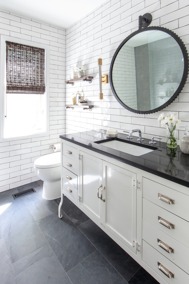 White metal vanity bathroom white subway tile with black grout Slate floor tile #Whitemetalvanity #bathroom #whitesubwaytile #blackgrout #Slatetile #floortile