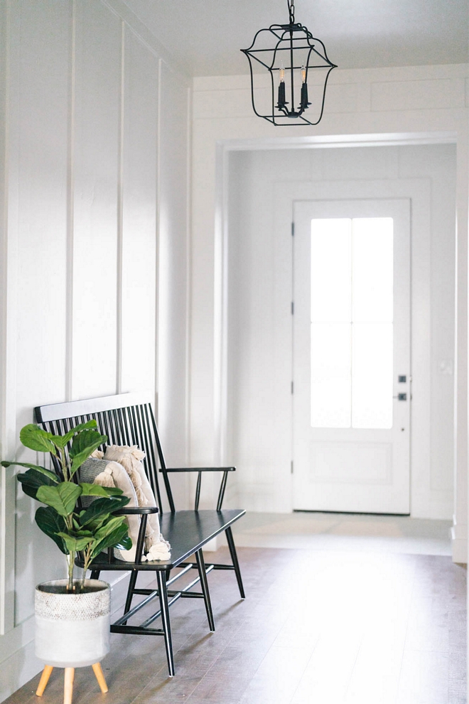 Modern Farmhouse Foyer with batten and board walls in Sherwin Williams Pure White Modern Farmhouse Foyer with batten and board walls in Sherwin Williams Pure White #ModernFarmhouse #Foyer #battenandboard #SherwinWilliamsPureWhite