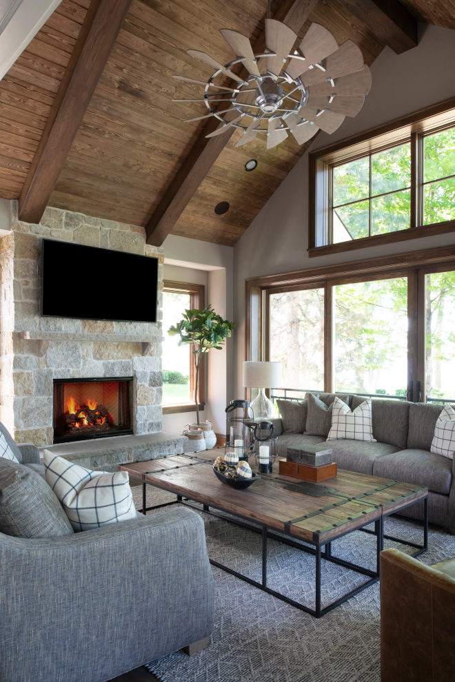 Great Room with Stone Fireplace Great Room with Rustic Stone Fireplace Shilplap Vaulted Ceiling Windmill Ceiling Fan Great Room with Stone Fireplace Great Room with Rustic Stone Fireplace Shilplap Vaulted Ceiling Windmill Ceiling Fan #GreatRoom #StoneFireplace #Fireplace #Shilplap #VaultedCeiling #WindmillCeilingFan
