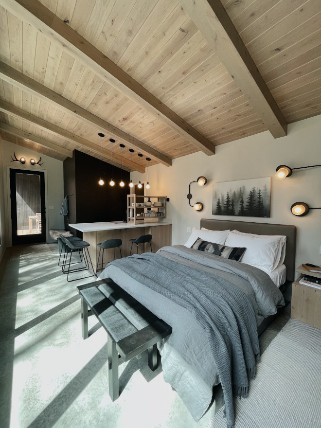 Cabin The main room of the cabin is set up studio style with the primary bed seating as well as kitchen and dining #Cabin #studiointeriors #cabinideas
