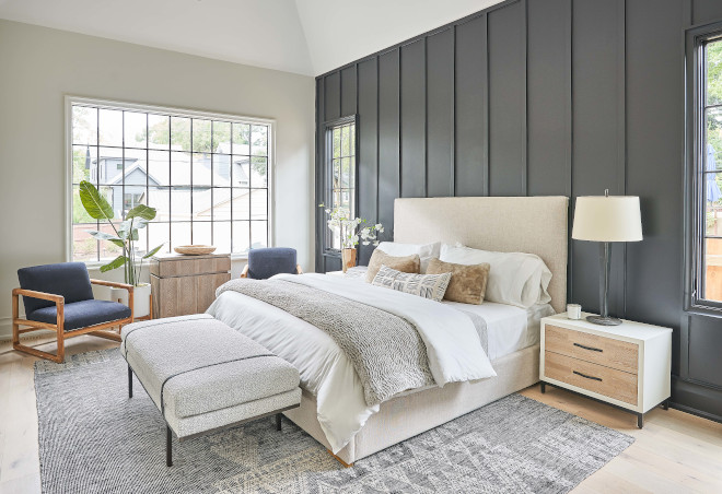 Featuring a board and batten accent wall this Master Bedroom feels stylish and welcoming at the same time #bedroom #masterbedroom #boardandbatten