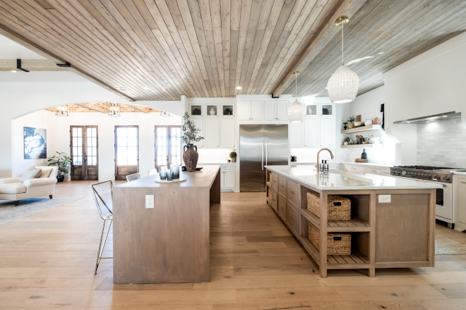 Kitchen Ceiling faux wood header beam that transitions to No. 2 grade pine tongue and groove boards and finished with a custom stain #kitchen #ceiling #tongueandgroove #ceilingideas #kitchenceiling