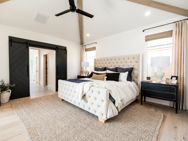 The master bedroom ceiling features a pyramid style coffer ceiling that is highlighted by custom beamwork climbing up the rakes of the frame #bedroom #ceiling
