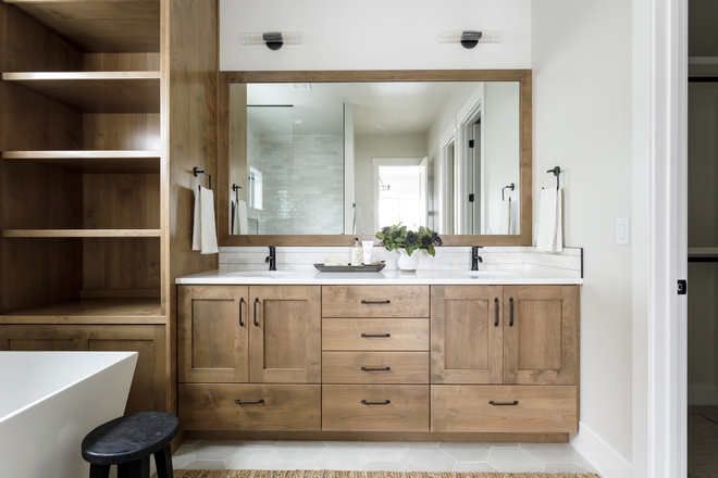 Bathroom Cabinets are stained in Sherwin Williams Rustic Gray