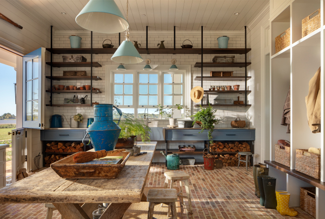 Mudroom Mudroom not only serves as a space for storage but also as a potting room complete with a pantry and powder room Mudroom Farmhouse Mudroom #Mudroom #PottingRoom #Shed