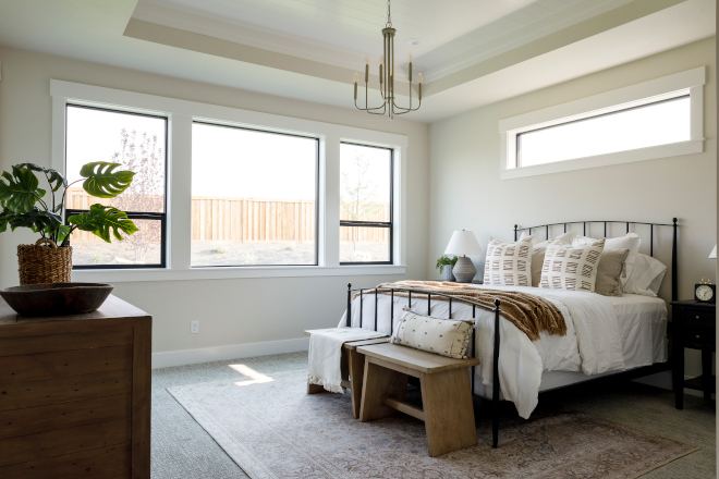 Primary Bedroom features an inviting warm color scheme and Tray Ceiling with Shiplap wainscotting #PrimaryBedroom #invitingbedroom #warmcolorscheme #colorscheme
