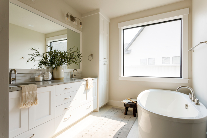 The big idea for the bathrooms throughout was to keep it monochromatic with white taupe and cream #bathrooms #monochromatic #white #taupe #cream