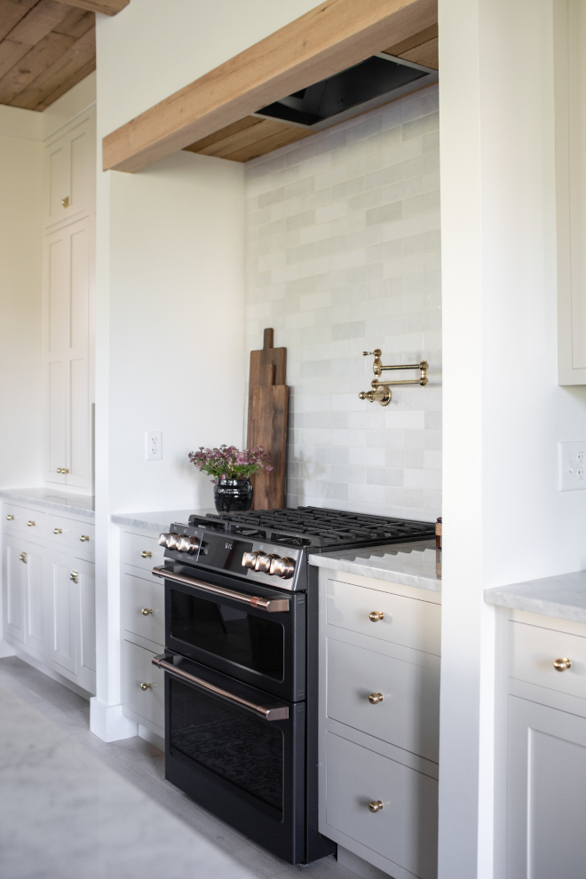 In the Kitchen a drywall range nook is accentuated with reclaimed Red Oak planks and beam #Kitchen #drywall #rangenook #reclaimedRedOak #oak #reclaimedoak #plan