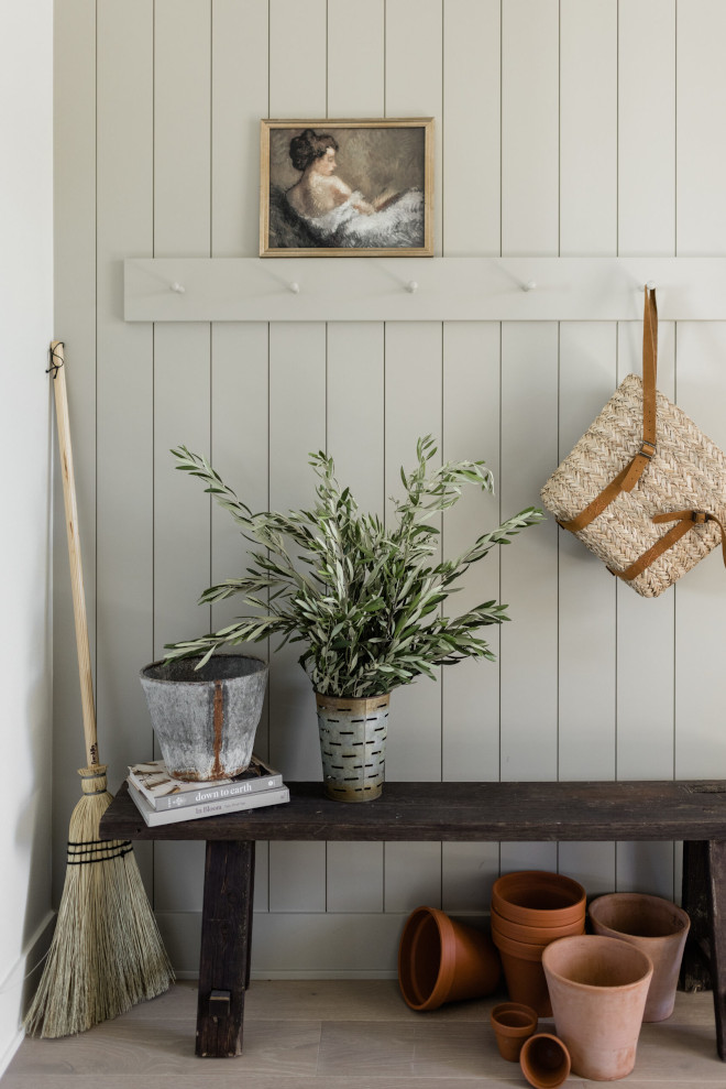 Mudroom The neutral taupey-green paint color allows this space to be decorated for any season #Mudroom