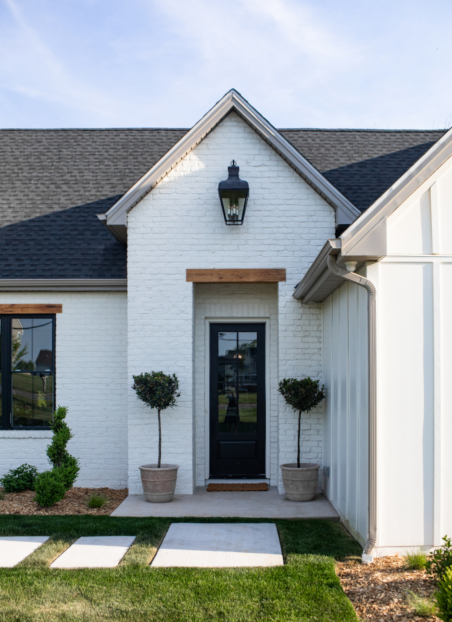 Sherwin Williams Tricorn Black Front Door with Benjamin Moore White Dove Painted Brick Siding Sherwin Williams Tricorn Black Front Door with Benjamin Moore White Dove Painted Brick Siding #SherwinWilliamsTricornBlack #FrontDoor #BenjaminMooreWhiteDove #PaintedBrick #Siding