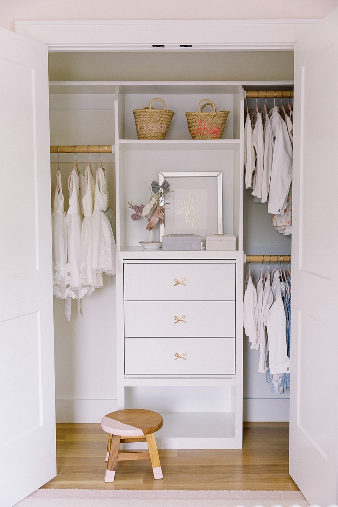 Ikea Closet Hack In the closet we built in with an IKEA drawer unit and added fun gold bow knobs Ikea Closet Hack Ikea Closet Hack #IkeaClosetHack