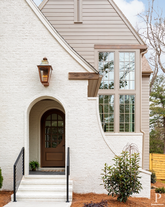 Benjamin Moore Olympic Mountain brick siding with Sherwin Williams Balanced Beige lap siding #BenjaminMooreOlympicMountain #brick #siding #SherwinWilliamsBalancedBeige #lapsiding