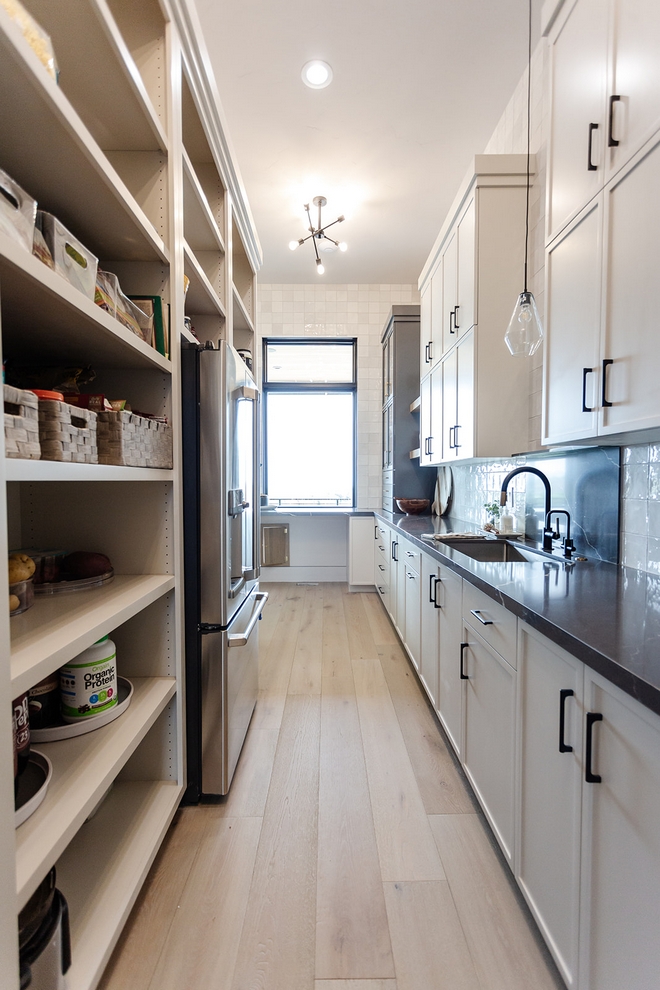 Pantry On one side you have plenty of counter space for everything you want to do from baking to food prep and on the other you have floor-to-ceiling open shelving cabinets to store groceries #Pantry