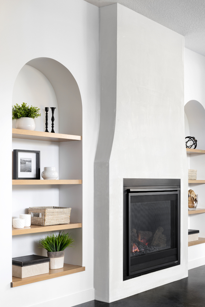 Bedroom Fireplace Smooth stucco painted in Benjamin Moore Decorators White