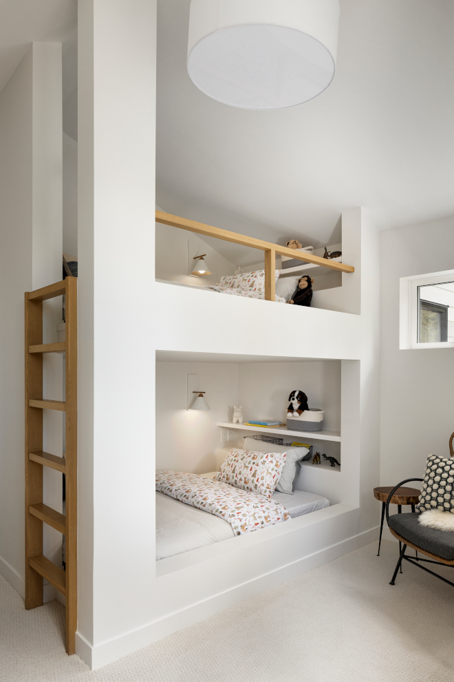 Bunk Room features custom drywall Bunk Beds accentuated with White Oak railing and ladder Bunk Room #BunkRoom