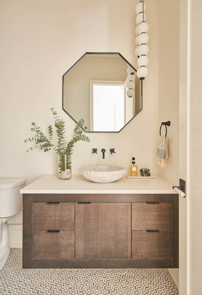 Stained wood floating vanity neutral bathroom Stained wood floating vanity neutral bathroom design #Stainedwood #floatingvanity #neutralbathroom #bathroom