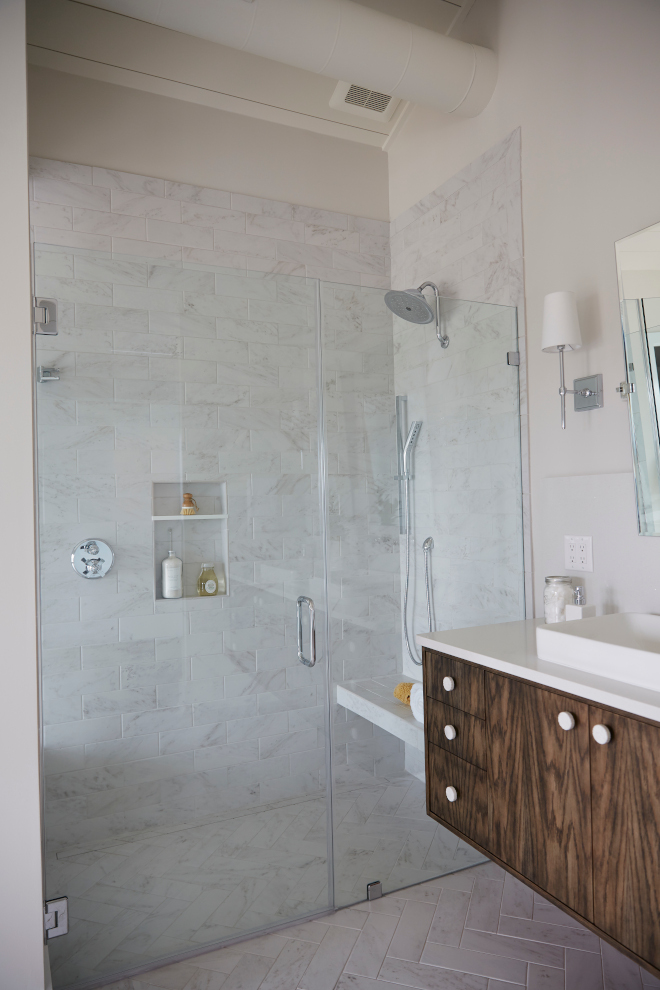 Shower Tile Arabesque 4x12 Floor in herringbone layout and wall in brick 50-50 offset