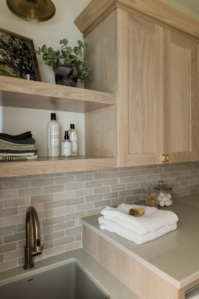 Laundry Floating Shelves White Oak White Wash Stain Matched to Lower Cabinets